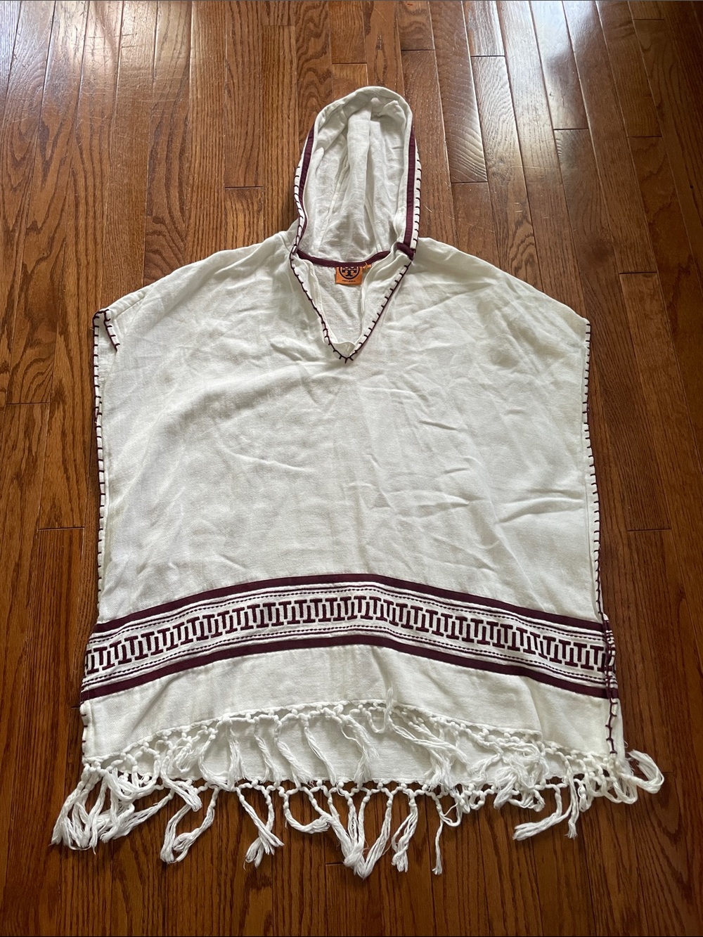 Tory Burch Woven Cotton Beach Poncho Cover-Up In New Ivory and Burgundy Sz XS/S
